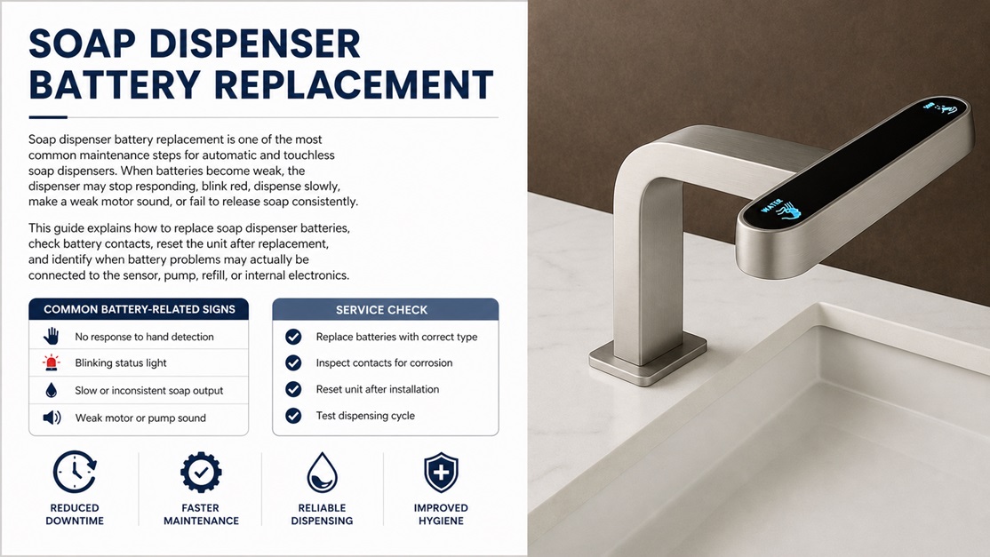 Commercial touchless soap dispenser and faucet used for battery replacement troubleshooting