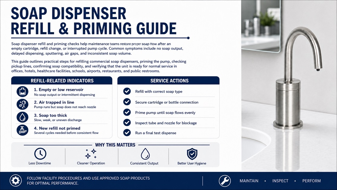 Commercial touchless faucet and automatic soap dispenser used for battery replacement troubleshooting