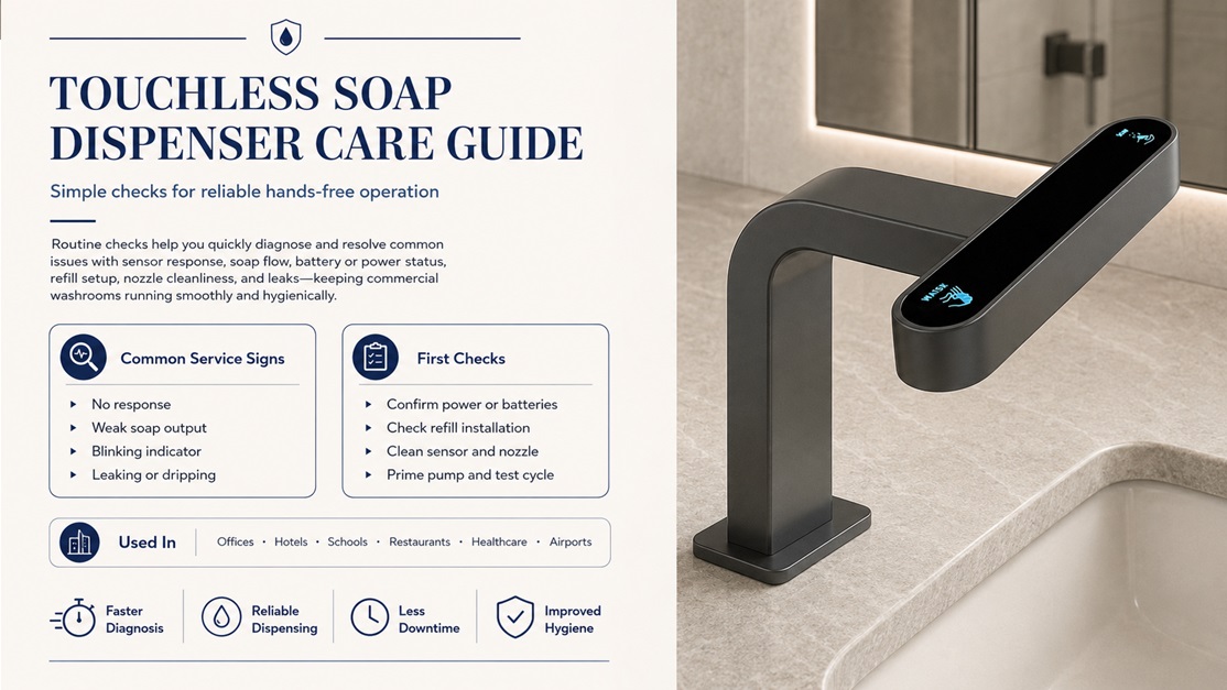 Commercial touchless restroom fixtures for evaluating when repeated soap dispenser failures require replacement