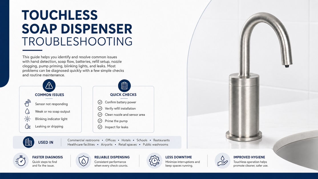 Touchless soap dispenser and faucet in a commercial restroom for troubleshooting sensor and soap flow issues