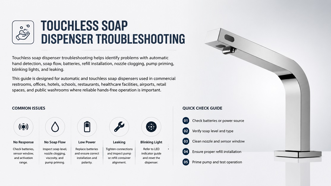 Commercial restroom sink area with automatic soap dispenser for step by step touchless dispenser troubleshooting