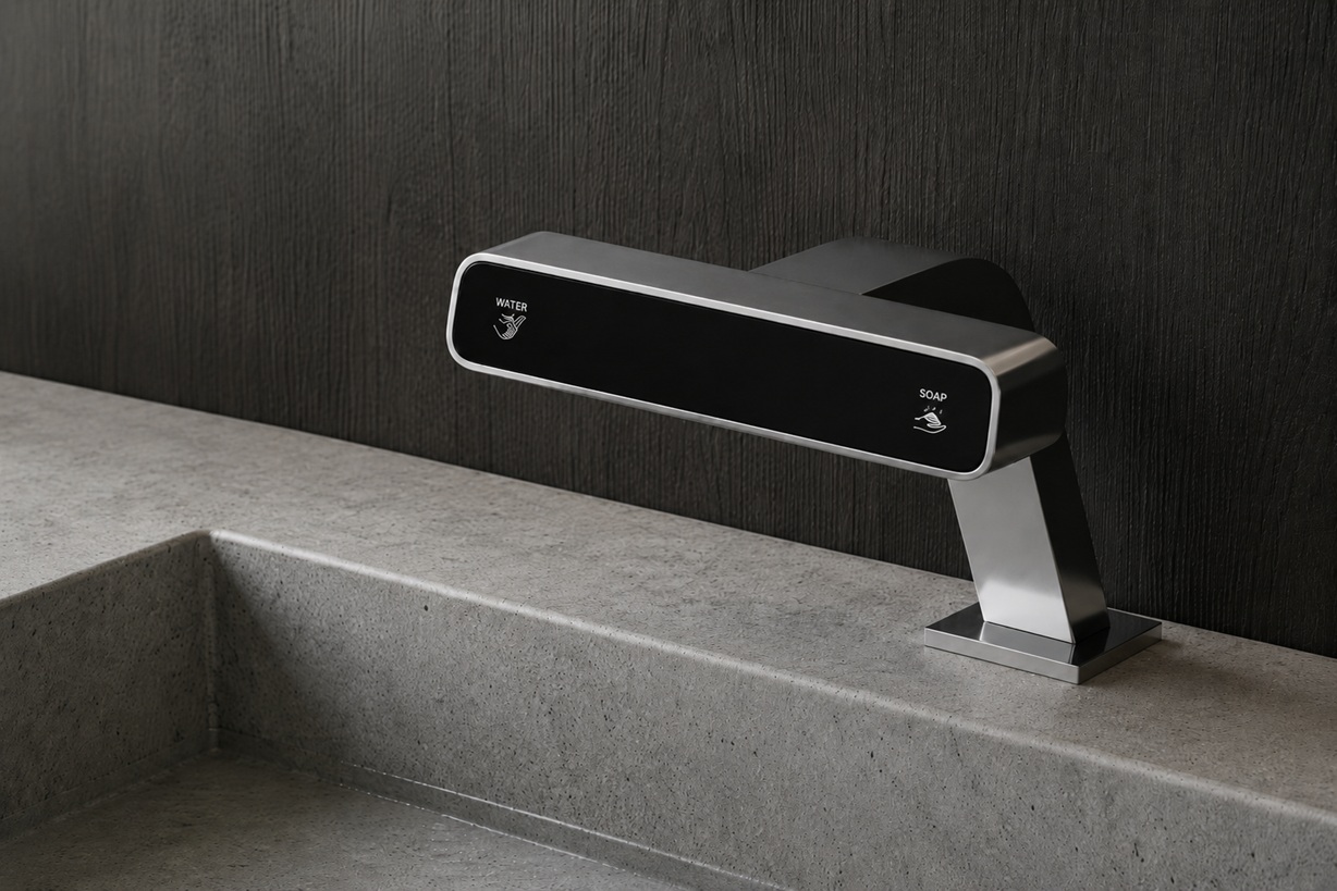 Touchless soap dispenser and sensor faucet restroom setup