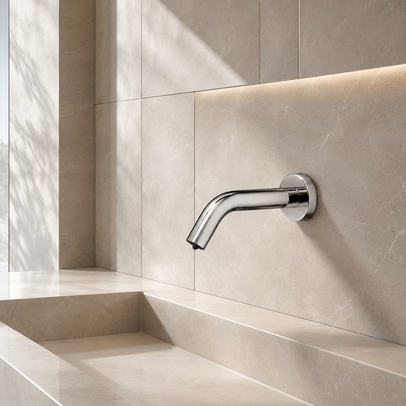 Wall mounted automatic soap dispenser beside sink for refill and installation compatibility checks