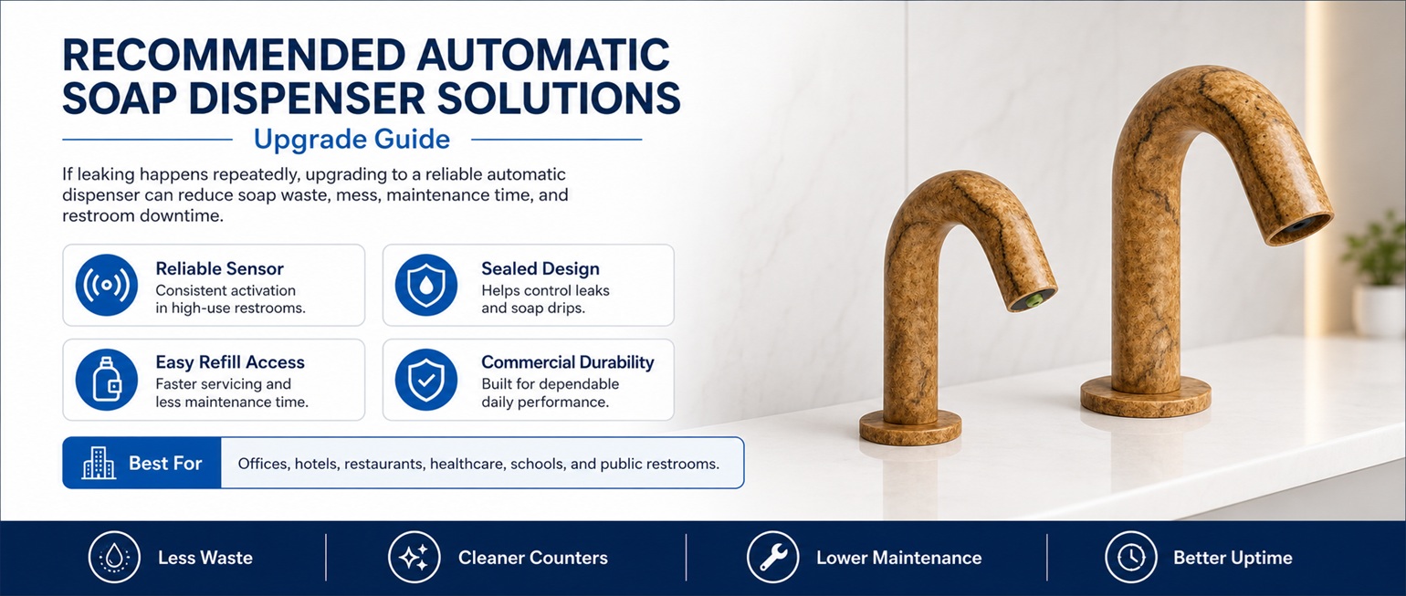Woodgrain arched automatic soap dispenser faucet model shown beside an upgrade guide highlighting reliable sensor operation, sealed design, easy refill access, and commercial durability